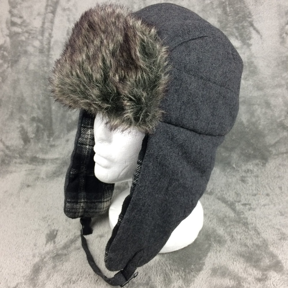 Crown Cap Trapper Hat Faux Fur Lined Grey Mens XL‎ Canada Ear Flaps